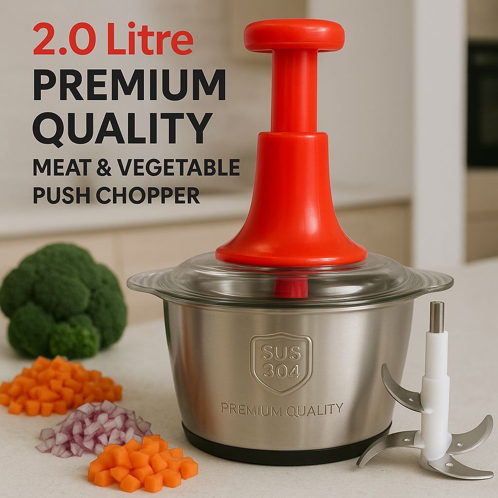 2L Stainless Steel Bowl Manual Chopper – Heavy Duty Vegetable & Meat Cutter
