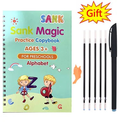 Sank Magic Practice Copybook (4 Books + Magic Pen & 10 Ink Refills) Sank Magic Book for Montessori Children Tracing Handwriting First Preschool Baby Learning Books for Kids