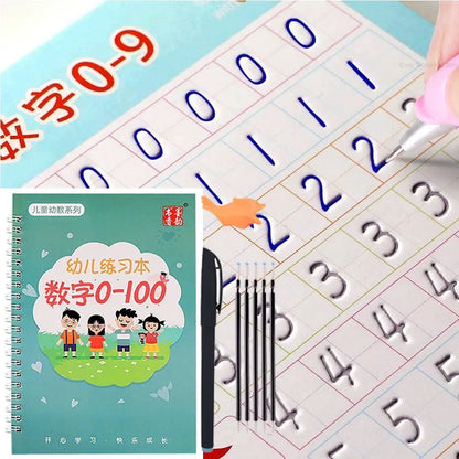 Sank Magic Practice Copybook (4 Books + Magic Pen & 10 Ink Refills) Sank Magic Book for Montessori Children Tracing Handwriting First Preschool Baby Learning Books for Kids
